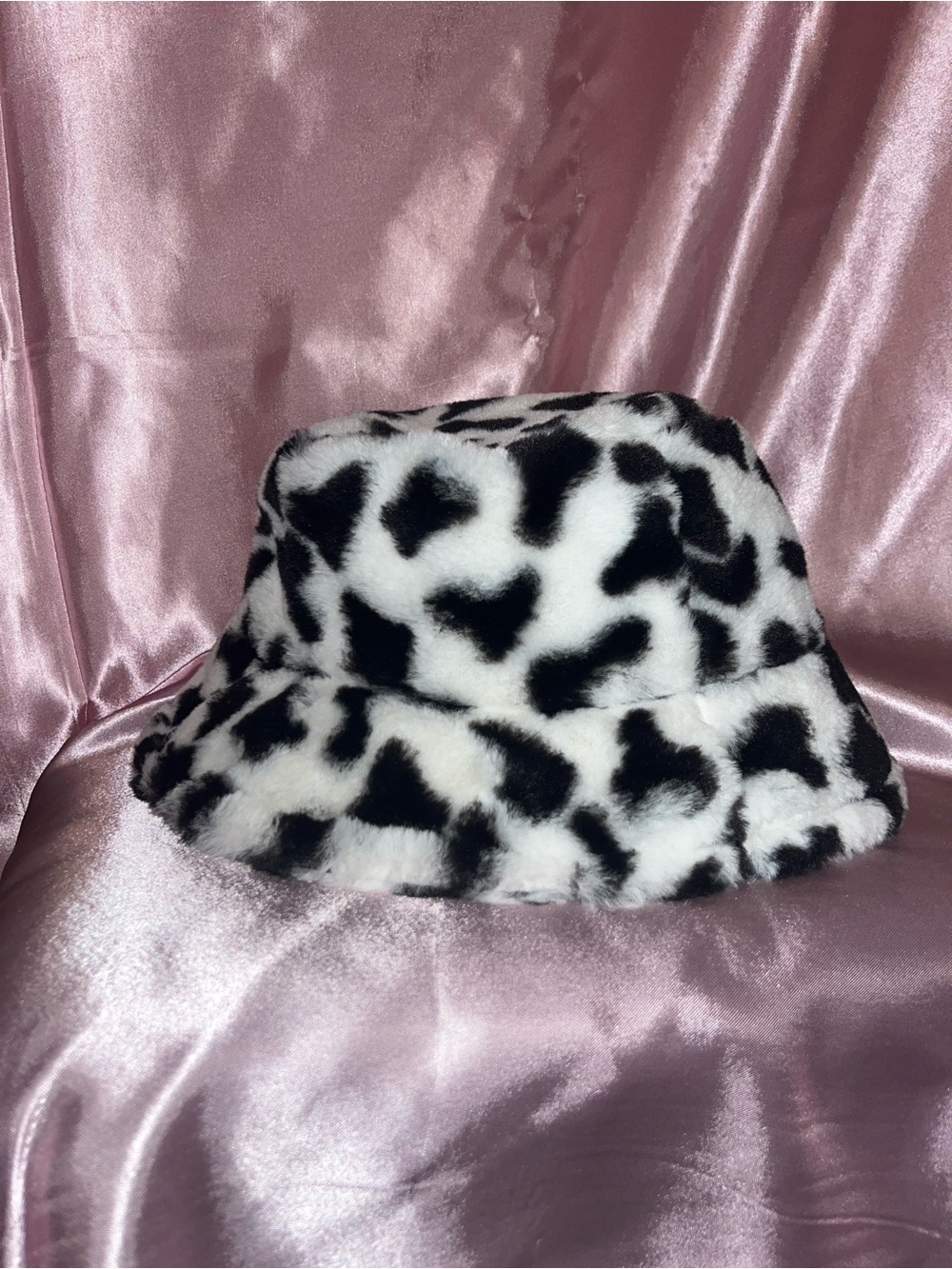 Black & White Faux Fur Cow Print Bucket Hat - Trendy Women's Accessory